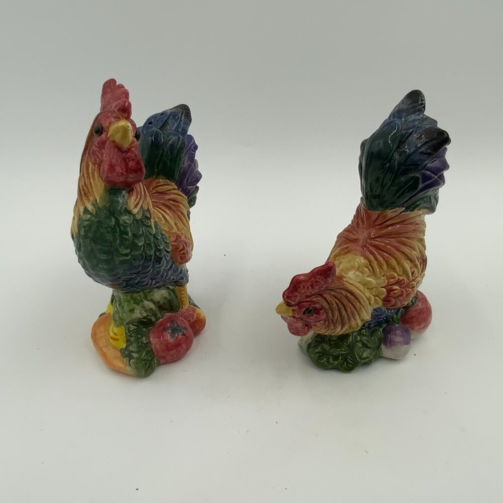 1996 Fritz & Floyd Hen and Rooster Salt & Pepper Shakers Fruit & Veggies